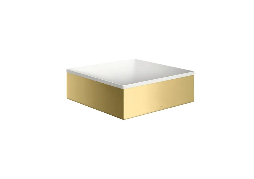 Weißes Waschbecken mit flacher Oberfläche und brushed brass-farbenem Korpus von AXOR. Ohne Hahnloch und Überlauf, rechteckige Form.